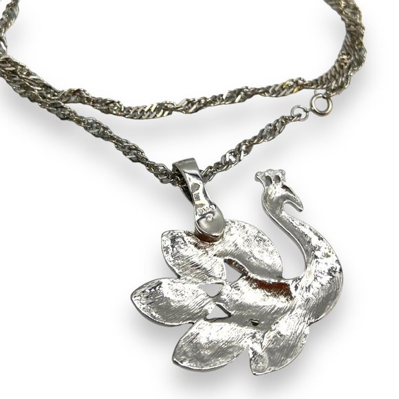 RMN Roman Signed HUGE Green/Blue/Pink Rhinestone PEACOCK Bird Pendant Necklace - Picture 4 of 10